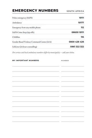 My South African Diary 2027 interior — Emergency numbers — South Africa