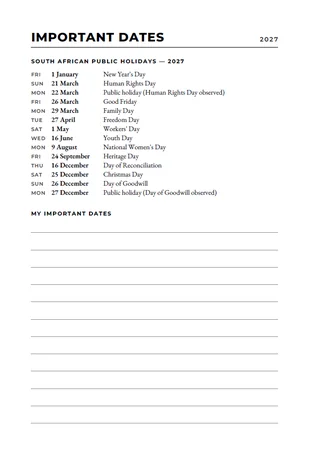 My South African Diary 2027 interior — Important dates & SA public holidays