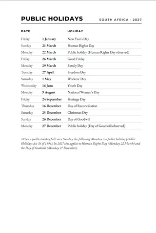 My South African Diary 2027 interior — Public holidays — South Africa 2027