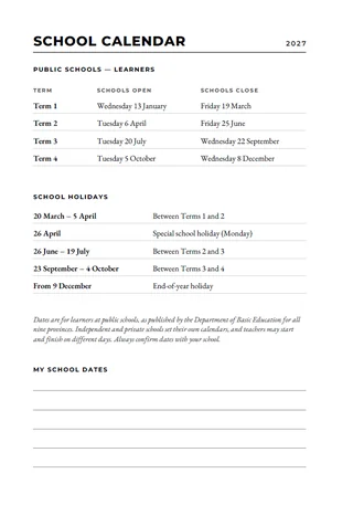 My South African Diary 2027 interior — School calendar & school holidays