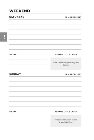 My South African Diary 2027 interior — Weekend page — Saturday and Sunday