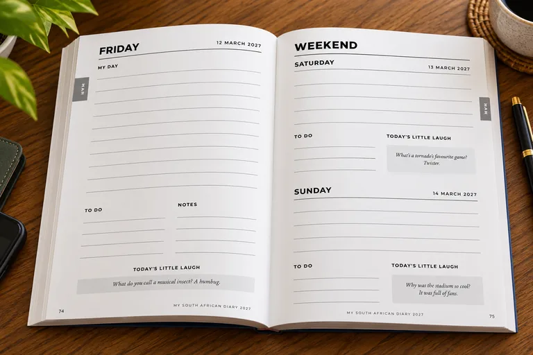 Diary open at a Friday daily page and a weekend page, each with Today's Little Laugh