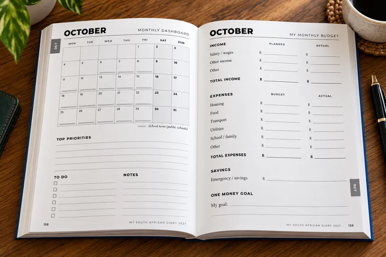 Diary open at the October monthly dashboard and monthly budget