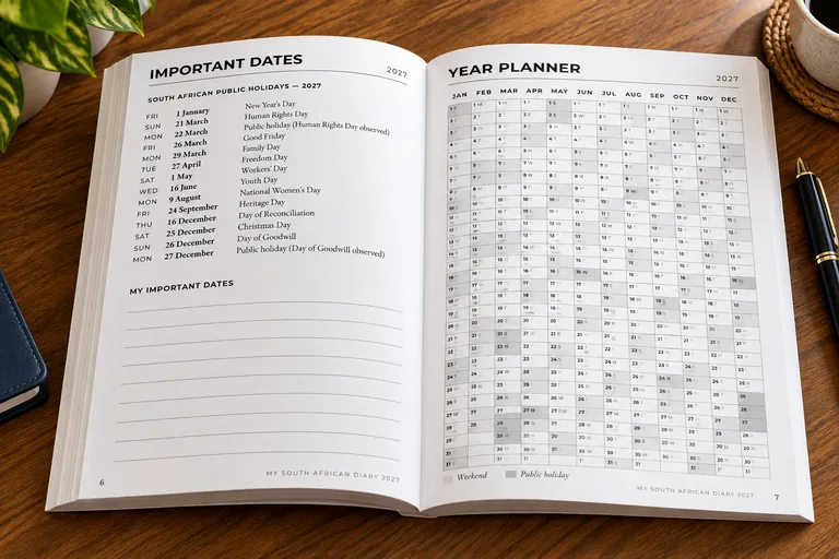 My South African Diary 2027 open on a desk — Important dates and the 2027 year planner