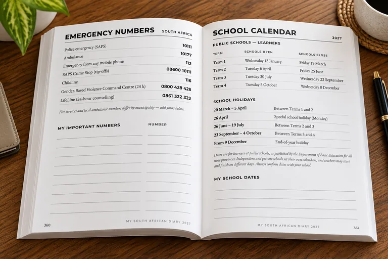 Diary open at South African emergency numbers and the 2027 school calendar