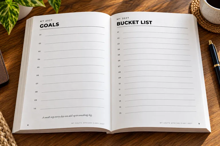 My South African Diary 2027 open on a desk — Goals and bucket list