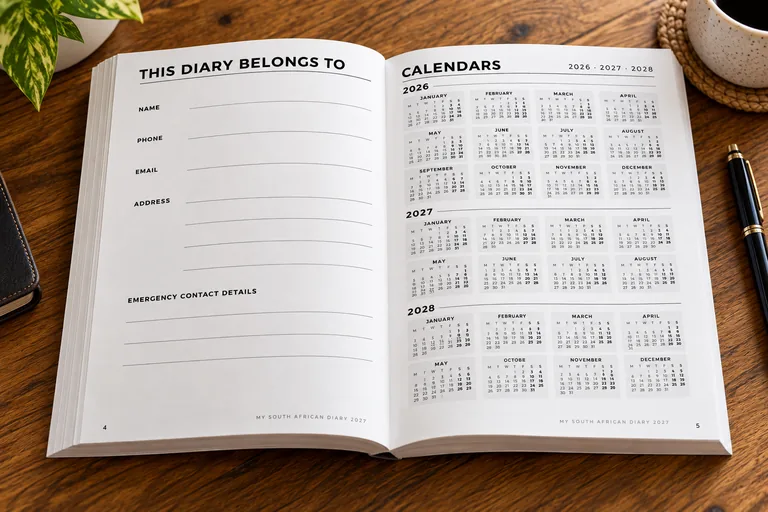 My South African Diary 2027 open on a desk — Personal details page and 2026–2028 calendars